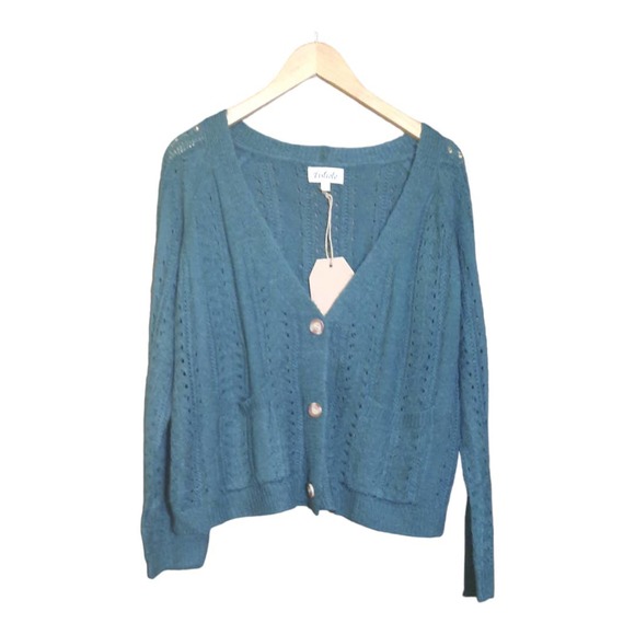 Listicle Womens Green Open Knit Button Down Cardigan Size Medium NWT - Picture 1 of 7